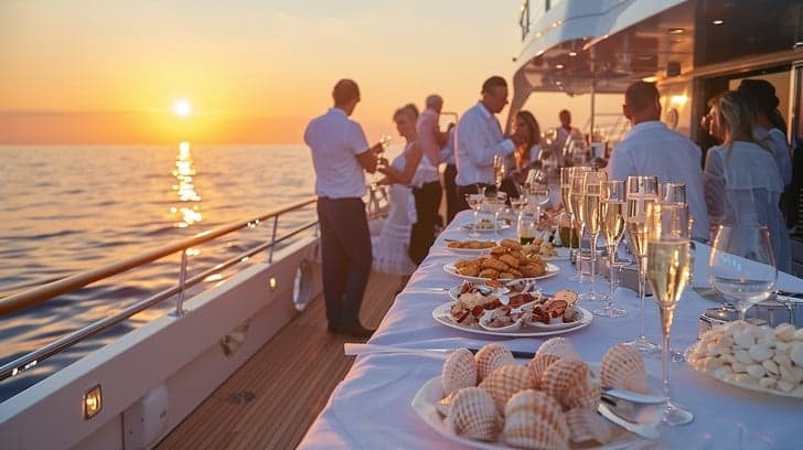 Festa di compleanno su una barca con decorazioni e ospiti che festeggiano al tramonto